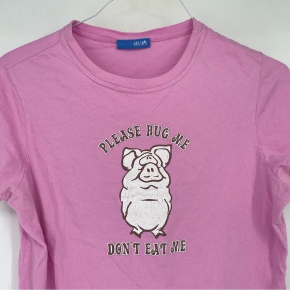 Vintage 90s Pig Delias Hug Me Don’t Eat Me Vegetarian Pink Crop Top Tee Large - Picture 1 of 7
